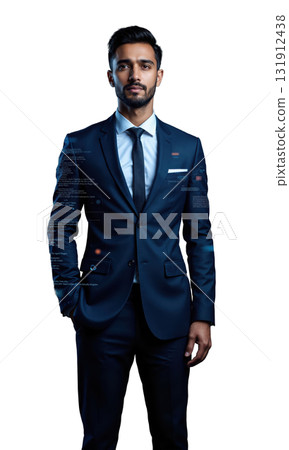 A South Asian male entrepreneur in a dark blue suit, standing confidently as virtual financial systems and digital business strategies 131912438
