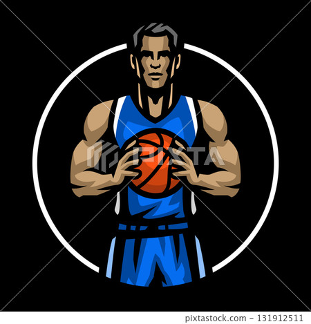 Logo of a basketball player with a ball in his hands on dark background. Logo of a basketball player with a ball in his hands on dark background. 131912511