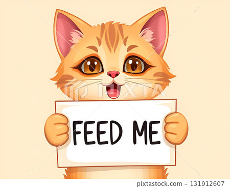 A cute cartoon cat is facing the camera, holding a white sign with the words "FEED ME" in paws A cute cartoon cat is facing the camera, holding a white sign with the words "FEED ME" in paws 131912607