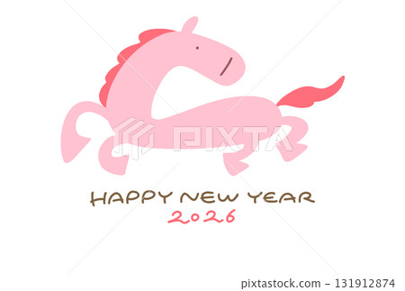 可愛、流行的手繪新年賀卡，以奔跑的粉紅色駿馬為特色。 2026。手寫文字。 131912874
