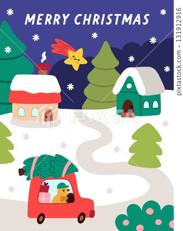 Vector vertical Christmas village landscape. New Year night scene with bird driving home with fir tree, presents. Festive winter holiday background, postcard, poster or book cover for kids 131912916