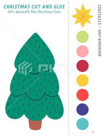 Lets decorate Christmas tree cut and glue activity. Educational crafting game with traditional winter symbol, garland, ornaments, star. Find missing parts. Vector New Year printable page for kids Lets decorate Christmas tree cut and glue activity. Educational crafting game with traditional winter symbol, garland, ornaments, star. Find missing parts. Vector New Year printable page for kids 131912922