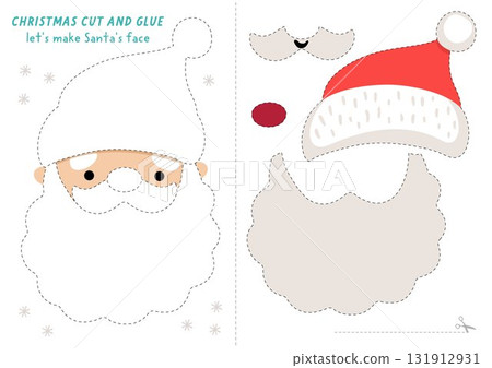 Lets make Santa Claus face cut and glue activity. Christmas educational crafting game with traditional winter character. Find missing parts. Vector New Year printable page for kids 131912931