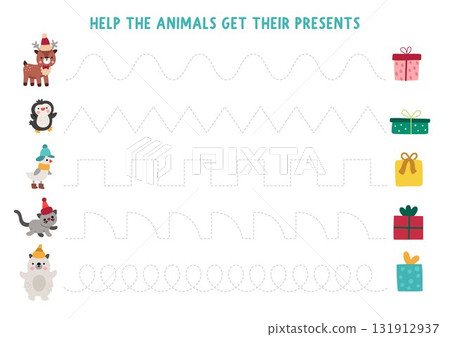 Vector Christmas handwriting practice worksheet with cute animals, birds and presents. New Year printable activity for preschool children. Winter holiday tracing game for writing skills 131912937