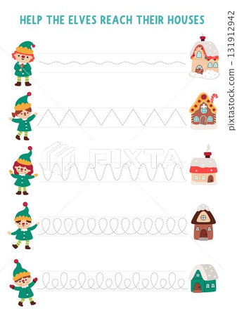 Vector Christmas handwriting practice worksheet with cute elves and their houses. New Year preschool printable activity. Winter holiday tracing game for writing skills with traditional characters 131912942