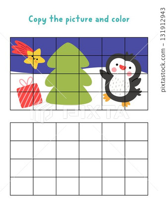 Copy the picture and color. Draw Christmas scene with penguin, tree, star, present. Vector New Year drawing and coloring practice worksheet. Printable winter holiday activity for kids 131912943