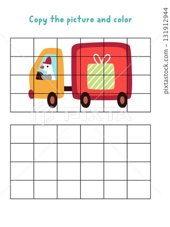 Copy the picture and color. Draw truck with presents. Vector New Year, Christmas drawing and coloring practice worksheet with cute goose driver. Printable winter holiday activity for kids 131912944