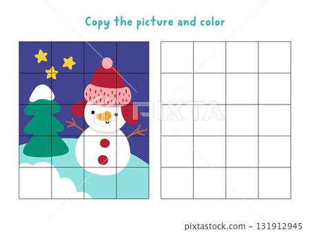 Copy the picture and color. Draw Christmas night scene with snowman, tree, stars. Vector New Year drawing and coloring practice worksheet. Printable winter holiday activity for kids 131912945
