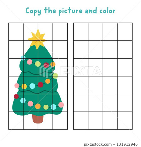 Copy the picture and color. Draw Christmas tree decorated with ornaments. Vector New Year, Christmas drawing and coloring practice worksheet. Printable winter holiday activity for kids 131912946