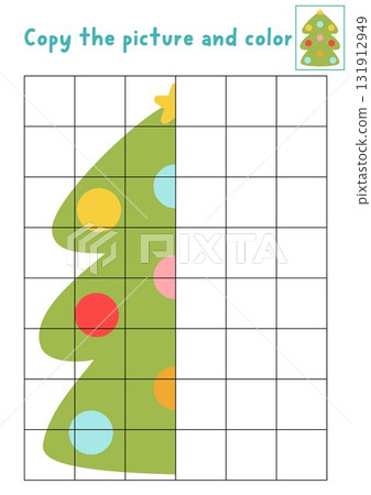 Complete the Christmas tree. Vector symmetrical drawing practice worksheet. Printable New Year coloring activity for kids. Copy the picture game with traditional winter holiday symbol 131912949