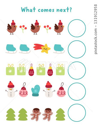 What comes next. Christmas logical activity for preschool children with cute holiday symbols. Winter logic succession worksheet. Continue the row game with star, skate, snowman, mitten, tree What comes next. Christmas logical activity for preschool children with cute holiday symbols. Winter logic succession worksheet. Continue the row game with star, skate, snowman, mitten, tree 131912958
