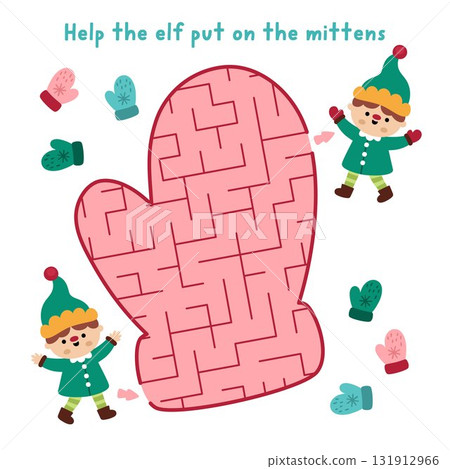Christmas geometrical maze for kids. New Year preschool printable activity shaped as mitten on white background. Winter holiday labyrinth game puzzle with elf putting on warm glove 131912966