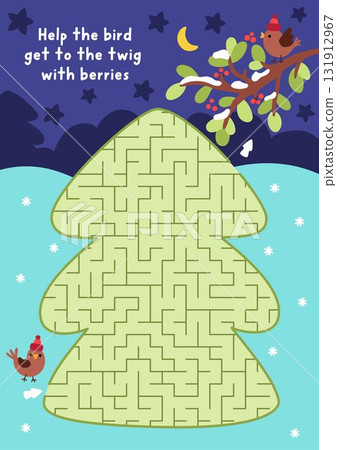 Christmas geometrical maze for kids. New Year preschool printable activity shaped as fir tree on snowy background. Winter holiday labyrinth game puzzle with bird going to twig with berries 131912967