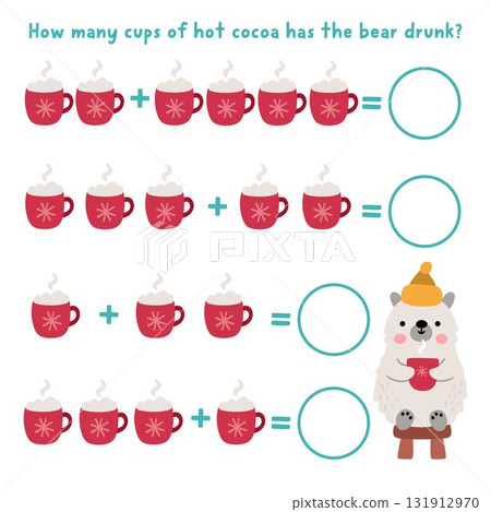 Counting game with cute Christmas drink mug. New Year math addition activity for preschool children. Simple sums winter holiday printable worksheet for kids with bear drinking cocoa cups 131912970