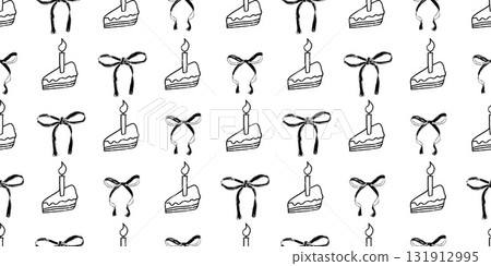 Coquette b-day party crayon seamless pattern. Monochrome bow and cake endless background. Girly festive black and white repeat cover. Hbd continuous ornament. Vector hand drawn illustration 131912995