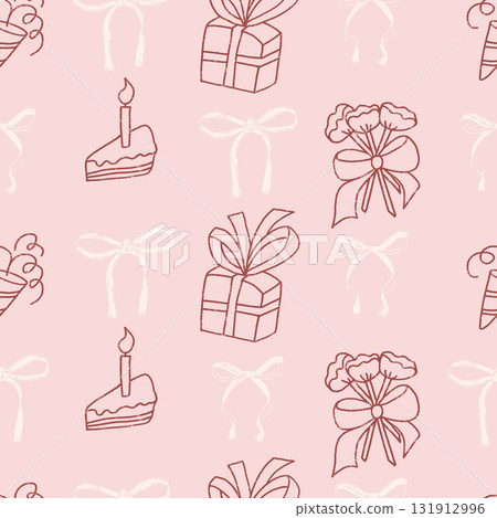 Coquette wedding party celebration crayon seamless pattern. Gift boxes with ribbon, cake and bouquet endless background. Surface pattern birthday motif. Vector hand drawn illustration 131912996