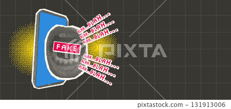 Fake news halftone and pixel stickers background template. Phone with speaking and screaming human mouth. Media collage with pixel art and magazine cutouts. Vector y2k illustration on dark background Fake news halftone and pixel stickers background template. Phone with speaking and screaming human mouth. Media collage with pixel art and magazine cutouts. Vector y2k illustration on dark background 131913006