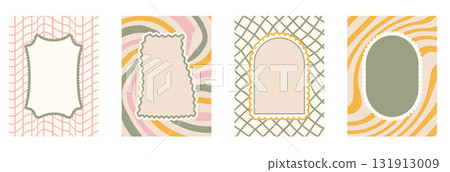 Geometric scallop funky frames set on whimsical covers. Wavy groovy arch, rectangle and oval borders on white background. Poster with wobbly stripes and checkerboards. Vector retro blank text box 131913009