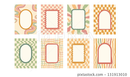 Scallop text boxes frames set. Wavy groovy arch, rectangle borders isolated on checkered and uneven rainbow lines background. Y2k retro decorative callouts on starburst vector blank Scallop text boxes frames set. Wavy groovy arch, rectangle borders isolated on checkered and uneven rainbow lines background. Y2k retro decorative callouts on starburst vector blank 131913010
