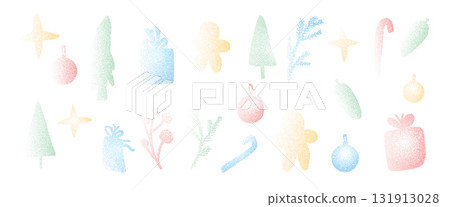 Pastel colors grain noise Christmas elements set. Grunge dotwork gradient xmas tree, balls and gift boxes with gingerbread cookies. Blue, green and red winter festive shapes. Vector paint spray icons 131913028