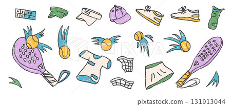 Padel tennis crayon female club elements set. Racket, ball, sport clothing hand drawn doodle isolated on white background. Scribble sport pack. Vector fitness and active hobby illustration by pencil 131913044