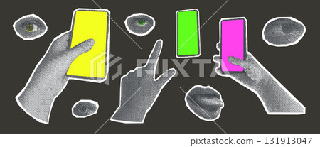 Halftone hands holding phones, eyes, lips collage set. Cutout mobiles on woman hand templates stickers for mixed media. Smartphones with empty screen and mouth. Vector illustration on dark background Halftone hands holding phones, eyes, lips collage set. Cutout mobiles on woman hand templates stickers for mixed media. Smartphones with empty screen and mouth. Vector illustration on dark background 131913047