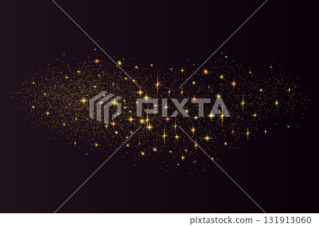 Gold glitter dust texture. Shimmer spray effect for celebration. Shiny confetti, stardust light powder spray. Festive xmas warm particles isolated on dark background. Vector illustration Gold glitter dust texture. Shimmer spray effect for celebration. Shiny confetti, stardust light powder spray. Festive xmas warm particles isolated on dark background. Vector illustration 131913060