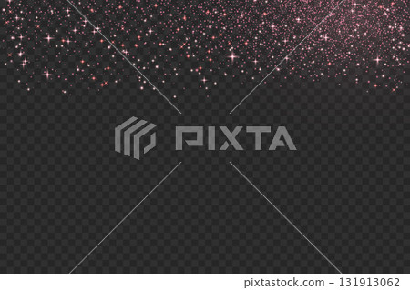 Rose gold glitter background. Shimmer pink golden spray effect for birthday celebration banners. Shiny confetti, stardust light texture. Festive particles on dark background. Vector illustration 131913062
