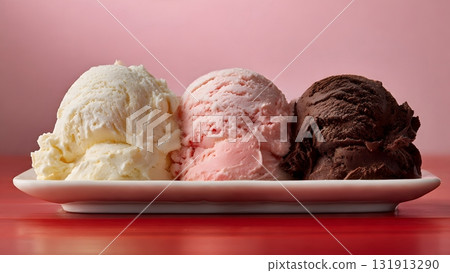 Classic flavors of vanilla, strawberry, chocolate pop with vibrant contrast against a striking pink and red backdrop. A gourmet and luxurious presentation for a sweet, irresistible summer.AI Generated 131913290