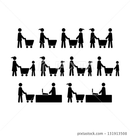 Shopping icon, male person with shopping cart in a glyph pictogram illustration 131913508