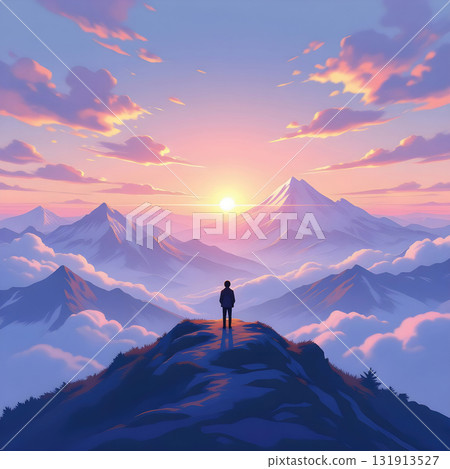 Person Standing on Mountain Peak Watching Sunrise Above the Clouds 131913527