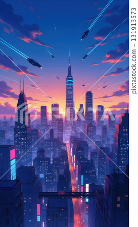 Futuristic City Skyline at Sunset with Flying Vehicles and Neon Lights 131913573
