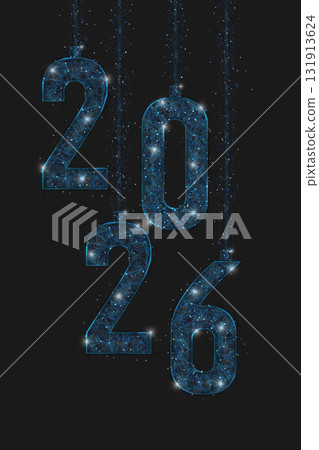 Abstract isolated blue image of new year number 2026. Polygonal low poly wireframe illustration looks like stars in the black night sky in space or flying glass shards. Digital web, internet design. Abstract isolated blue image of new year number 2026. Polygonal low poly wireframe illustration looks like stars in the black night sky in space or flying glass shards. Digital web, internet design. 131913624