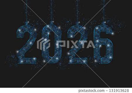 Abstract isolated blue image of new year number 2026. Polygonal low poly wireframe illustration looks like stars in the black night sky in space or flying glass shards. Digital web, internet design. Abstract isolated blue image of new year number 2026. Polygonal low poly wireframe illustration looks like stars in the black night sky in space or flying glass shards. Digital web, internet design. 131913628