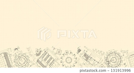Mechanical engineering drawings on sepia background. Cutting tools, milling cutter. Technical Design. Cover. Blueprint. Horizontal seamless pattern. Vector illustration. Mechanical engineering drawings on sepia background. Cutting tools, milling cutter. Technical Design. Cover. Blueprint. Horizontal seamless pattern. Vector illustration. 131913996