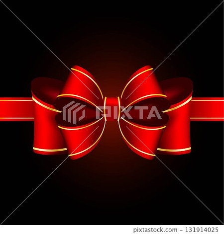 Realistic red bow and ribbon isolated on dark background. Template for greeting card, poster or brochure. Vector illustration. 131914025