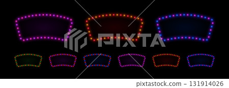 Rectangle frame with neon bulbs light. Glow retro lamps border for casino, circus or cinema. Vector set of blanks for design. 131914026