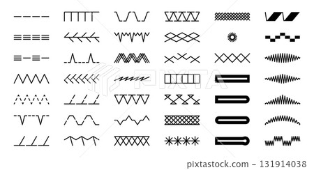 Types of sewing stitches and embroidery patterns. Machine thread textures. Set of zigzag and overlock elements, repeating ornament for fabric. Types of sewing stitches and embroidery patterns. Machine thread textures. Set of zigzag and overlock elements, repeating ornament for fabric. 131914038