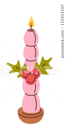 Burning Christmas candle mistletoe decoration 131914107