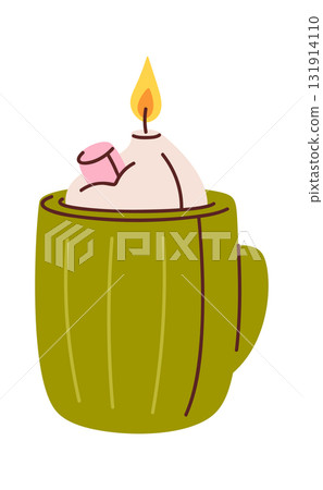 Burning candle in ceramic mug 131914110