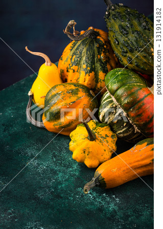 Various decorative pumpkin on green background Various decorative pumpkin on green background 131914182