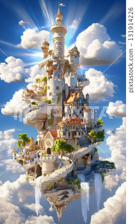 Magical tower surrounded by floating islands with lush greenery and cascading waterfalls 131914226