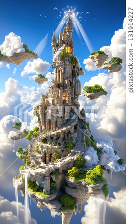 Magical tower surrounded by floating islands with cascading waterfalls and glowing runes in a fantasy realm atmosphere Magical tower surrounded by floating islands with cascading waterfalls and glowing runes in a fantasy realm atmosphere 131914227