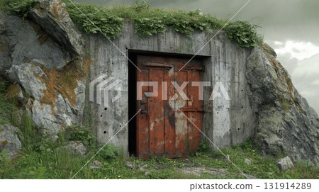 Abandoned bunker entrance built into rocky cliff with rusted steel doors and overgrowth under an overcast sky 131914289