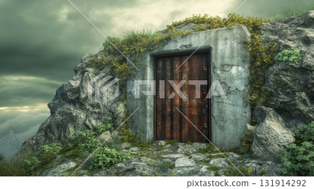 Abandoned bunker entrance with rusted steel doors in rocky cliff surrounded by overgrowth and overcast sky 131914292