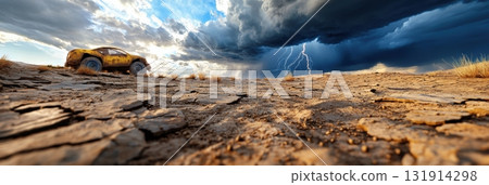 3d stormy desert plateau with lightning striking, cracked dry earth, and dramatic cloud formations 3d stormy desert plateau with lightning striking, cracked dry earth, and dramatic cloud formations 131914298