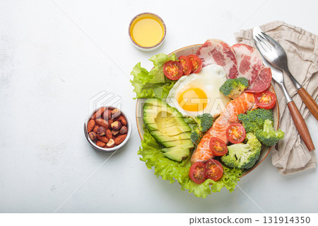 Balanced ketogenic diet meal with salmon, avocado, egg, bacon and vegetables on plate with cutlery top view on white background, space for text Balanced ketogenic diet meal with salmon, avocado, egg, bacon and vegetables on plate with cutlery top view on white background, space for text 131914350