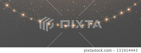 Christmas gold light background. Fairy bulb, banner. New Year luxury string garland. Winter party frame. Led neon line baubles. Festive border. Glow lamp bg. Glitter bright lamp. Vector illustration 131914443