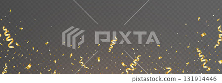 Gold confetti frame. Rainbow light hologram falling on transparent background. Prism lens. Shiny festive decor. Crystal texture. Party celebration. Glamour design. Vector Illustration 131914446