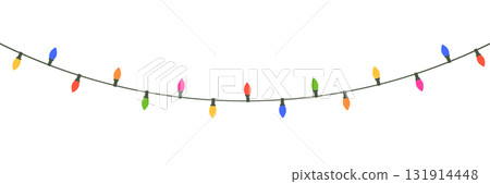 Christmas color light string garland frame. Holiday bright decoration. Fairy glowing colorful bulb. Led neon lamp banner. New Year luxury baubles. Celebration party. Vector illustration 131914448